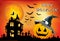 Â  Halloween pumpkin with hat, poster, childrens illustration, card on an orange background